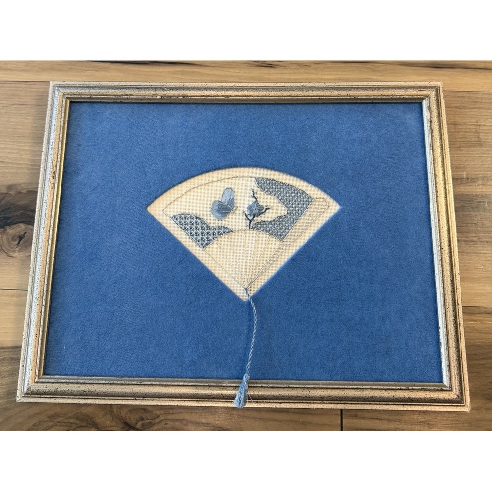 Framed Asian Fan Butterfly Floral Needlepoint Embroidery Blue Silver Wall Art